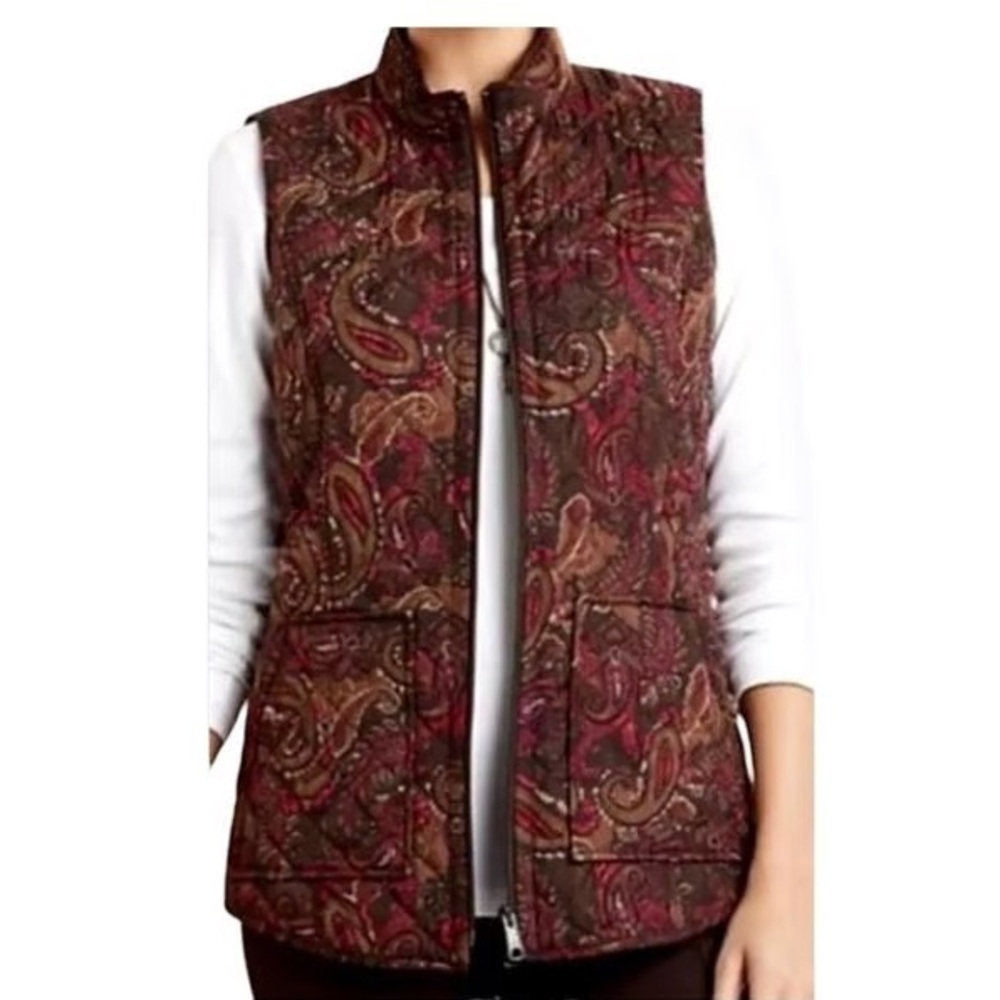 J. Jill Heritage Paisley Quilted Zip Vest Burgundy Brown Size Large
